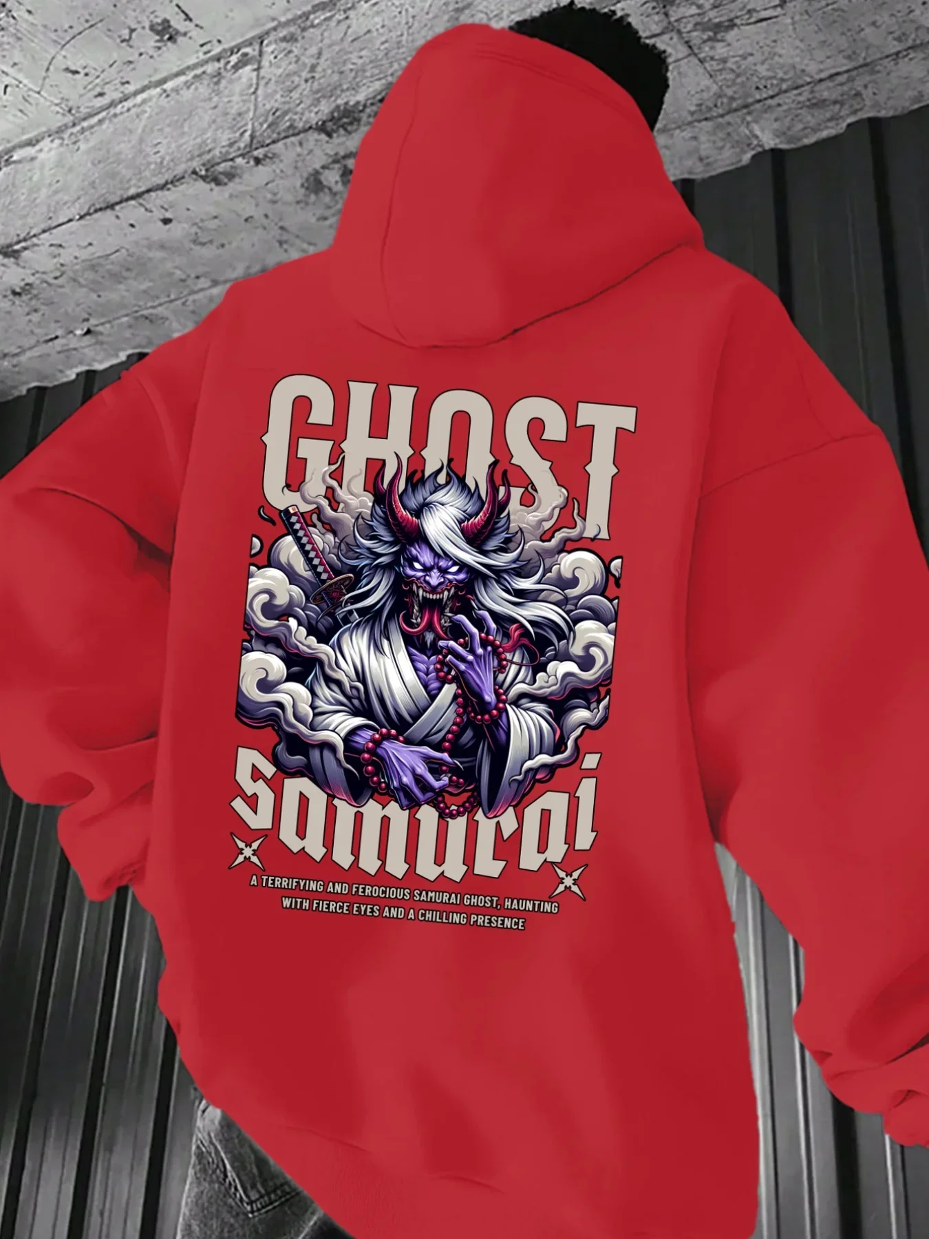Ghost Samurai Oni Graphic Hoodie, Japanese Demon Samurai With Katana Cloud And Gothic Letter Back Print Loose Casual Pullover