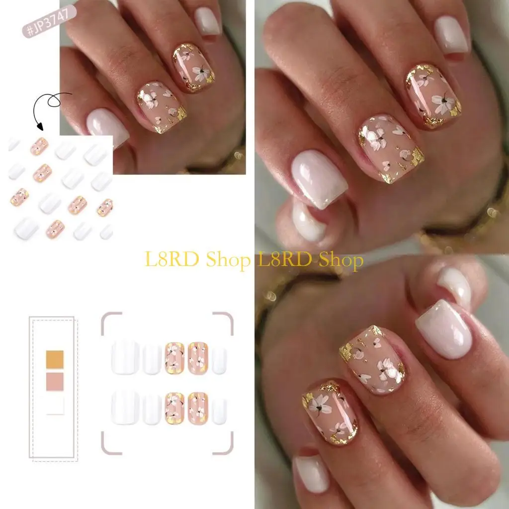 

L8RD 24 шт., короткие квадратные белые цветы, пресс для ногтей, акриловые аксессуары для ногтей, накладные ногти для женщин и