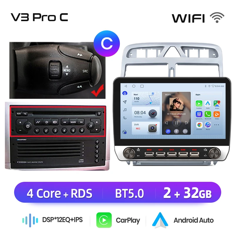 Junsun 10.1 "Draadloze Carplay AndroidAuto Autoradio voor Peugeot 307CC 307SW 2002-2013 radio met knoppen Bluetooth GPS 4G DSP