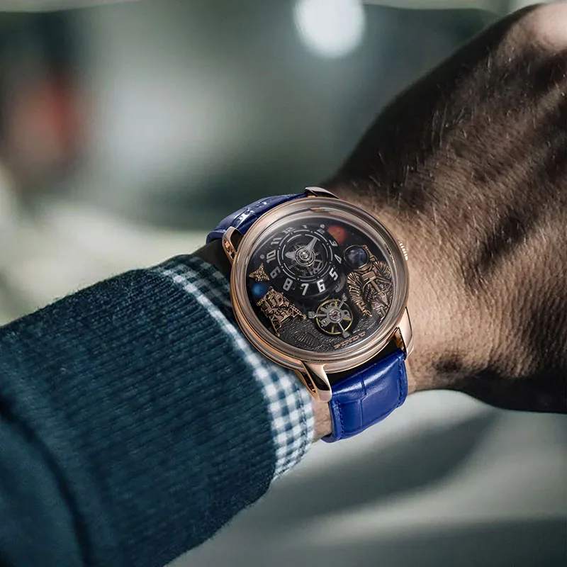 PINDU ファッションメンズ機械式時計天体宇宙飛行士スペースメンズトップブランドの高級時計防水発光レザーストラップ