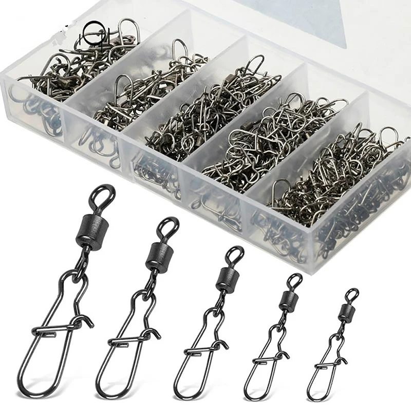 100pc/box Stainless Steel Fishing Connector Pin 4# 6# 8#10#12# Bearing Rolling Swivel With Snap Fishhook Lure Accessories