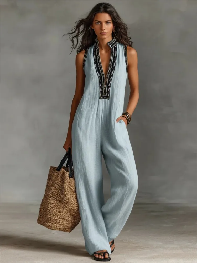 Sexy Deep V Neck Hollow Women's Jumpsuits Vintage Printed High Waist Slim Office Romper Spring Summer Sleeveless Pocket Overalls