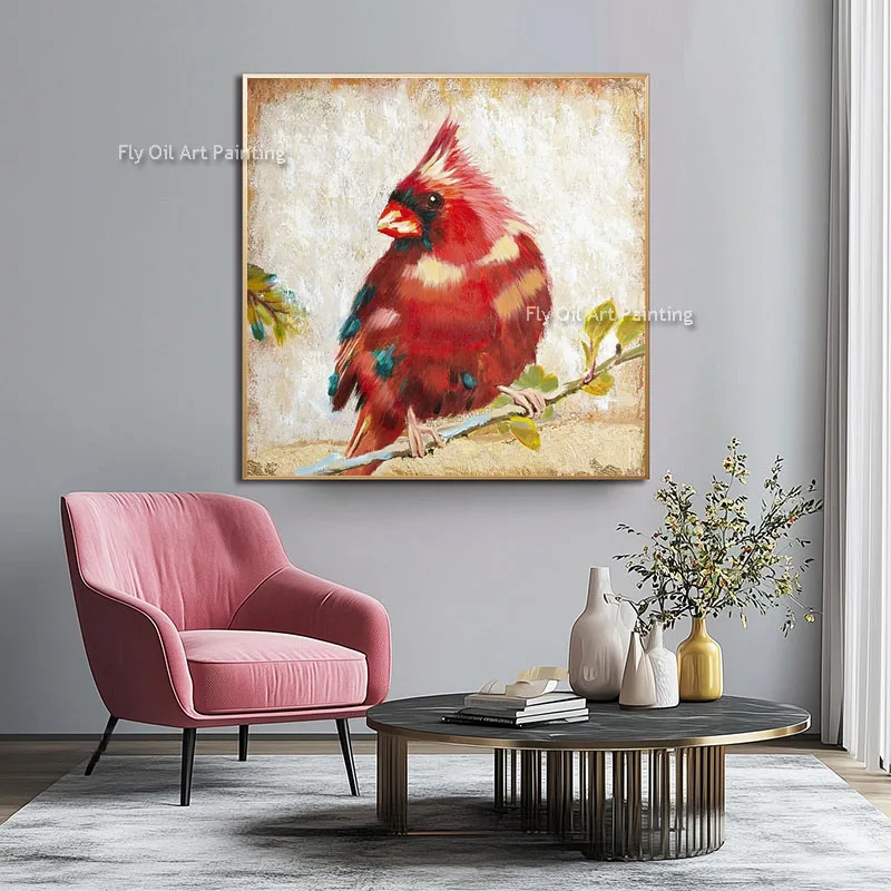 Red Cardinal Bird Canvas Art, Handmade Palette Knife Thick Impasto Oil Painting, Square Textured Wall Decor