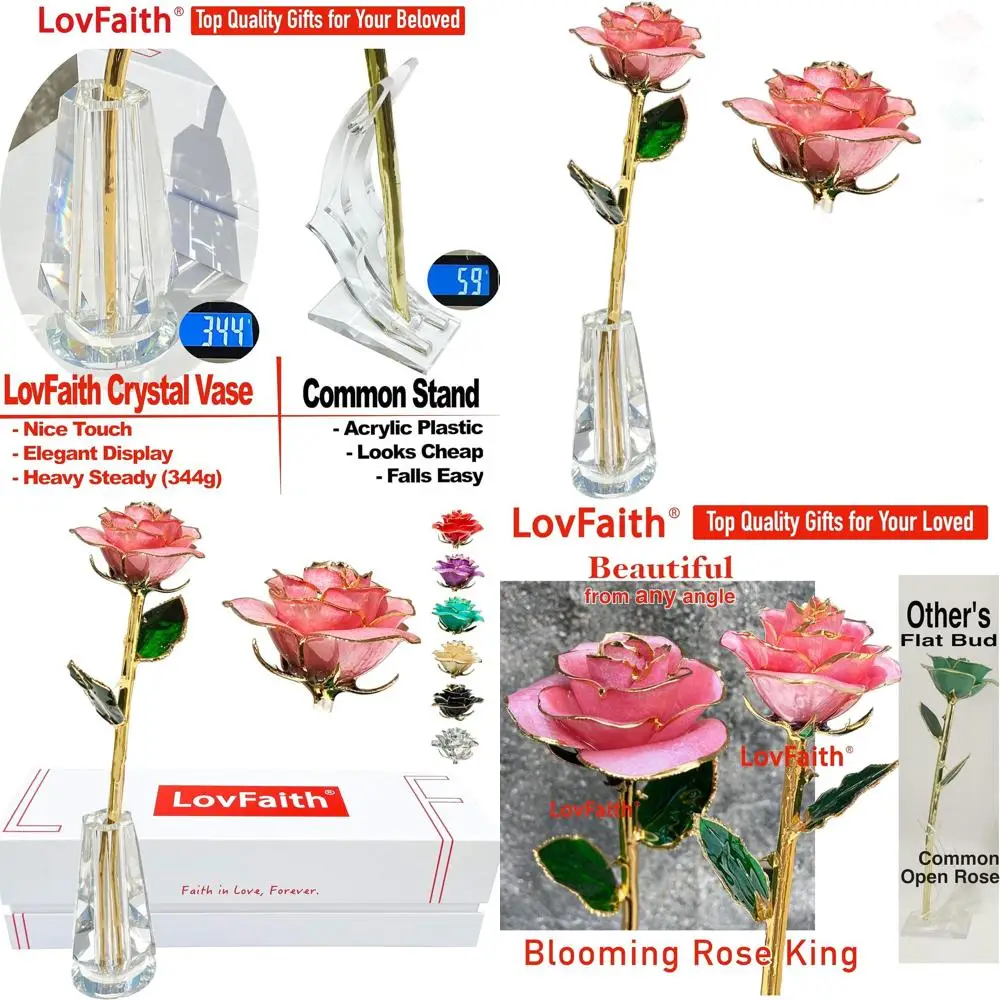 Rosa Real Bañada en Oro de 24K con Base de Cristal, Perfecta para Regalos de Aniversario, Día de la Madre o Cumpleaños (C41 Rosa - Oro Grueso)