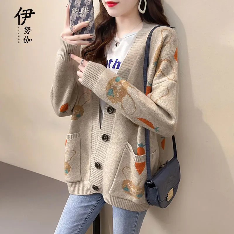 

Женский модный вязаный кардиган-свитер в корейском стиле, свободного кроя, с длинными рукавами и V-образным вырезом, весна-осень 2025, новинка