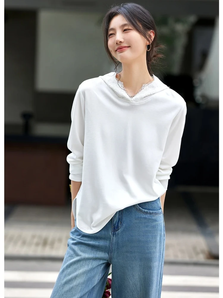 

VIMLY Women's White Long Sleeve Tops Casual Lace Hooded Ladies Tees Autumn 2025 New Elegant Knitted Cotton T-shirts Femmes A2135