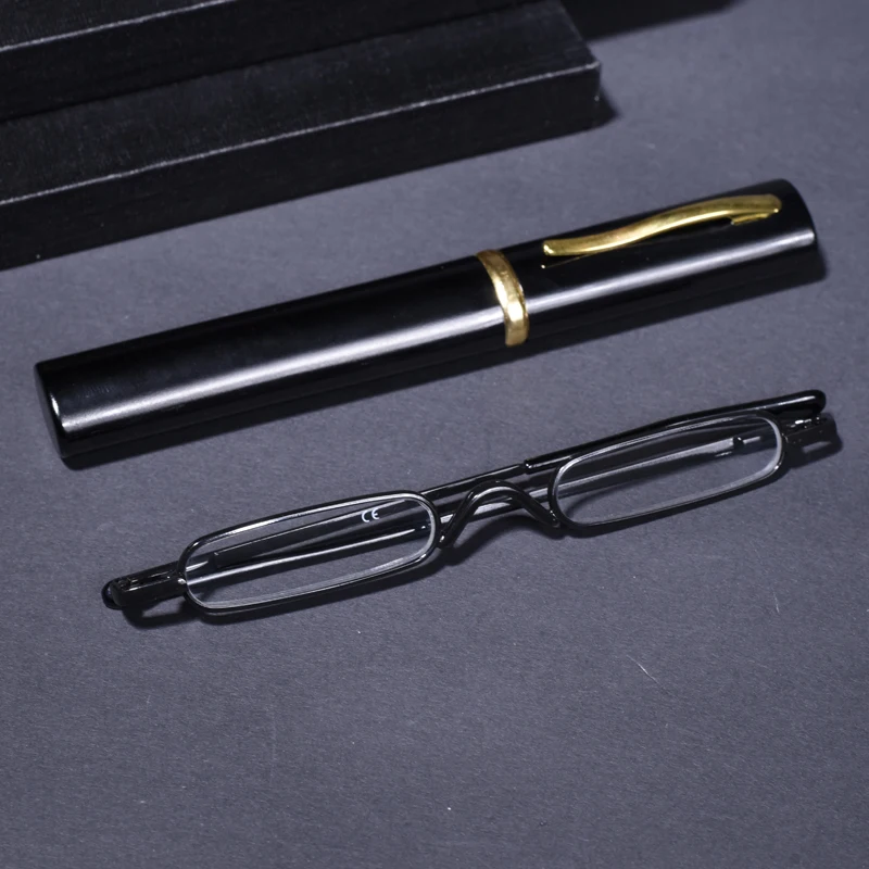 Flexible Lesebrille mit schwarzem Rahmen, kleine Größe, mit Box, für Männer und Frauen, tragbare Brille, Unisex, Presbyopie-Brille +4,0