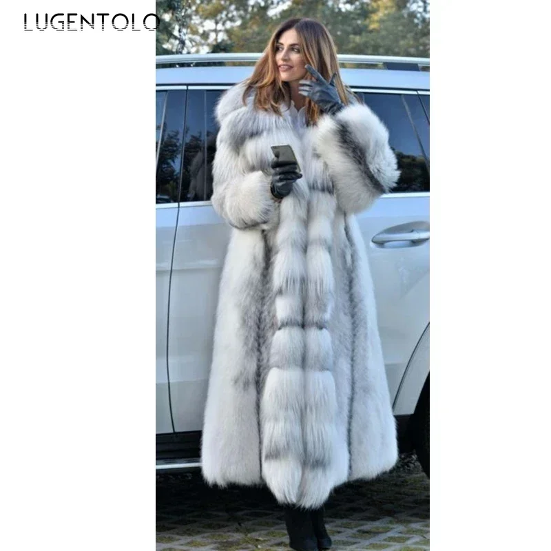 Faux Fur Coat Women Winter Fashion Warm X-Long  Coats Solid Hooded Loose Large Size Open Stitch Clothing Lugentolo