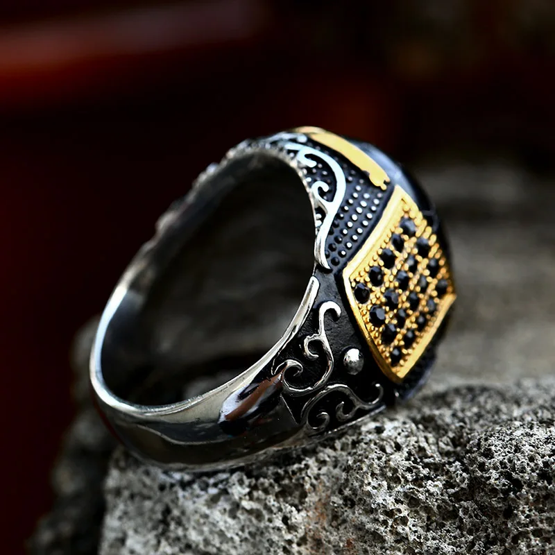 BEIER Stainless Steel Vintage Man Boy Oval part gold color Black stone Ring Fashion Jewelry Mens Accessories BR8-987