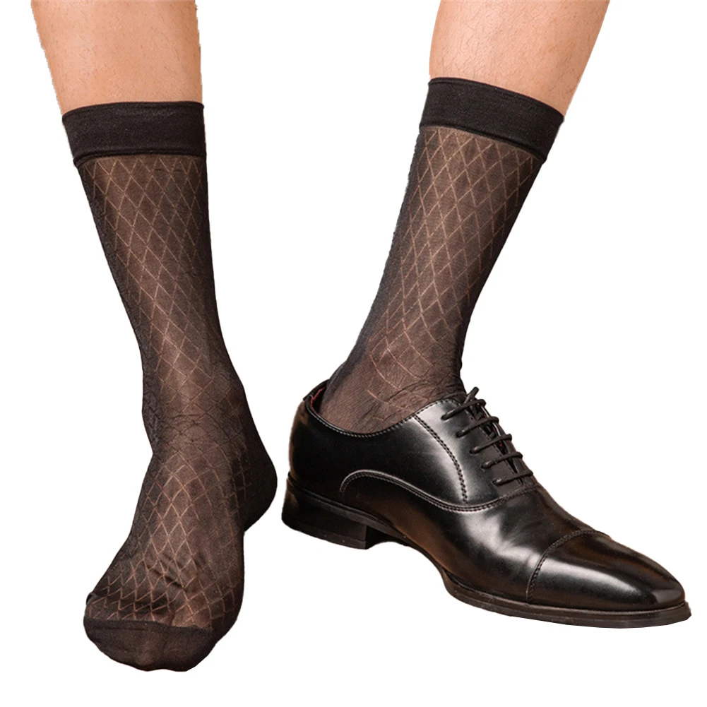 

Mens Sexy Plaid See Through Socks Mesh Sheer Stockings Business Formal Dress Tube Socks Ultra Thin Breathable Hombre