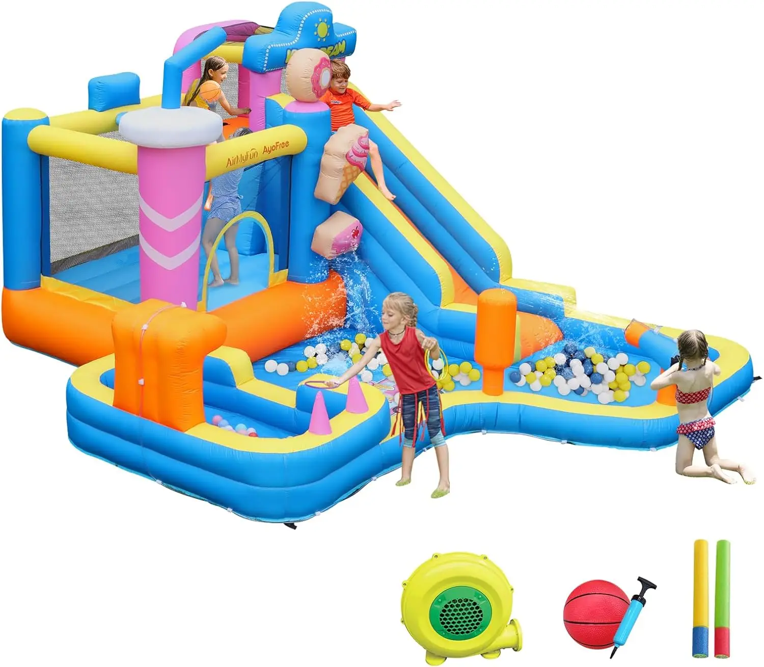 منزلق مائي قابل للنفخ من Bounce House، منزل ترتد للأطفال الكبار 8-12 موضوع الآيس كريم الحارس، مع مسدس ماء وحفرة كروية