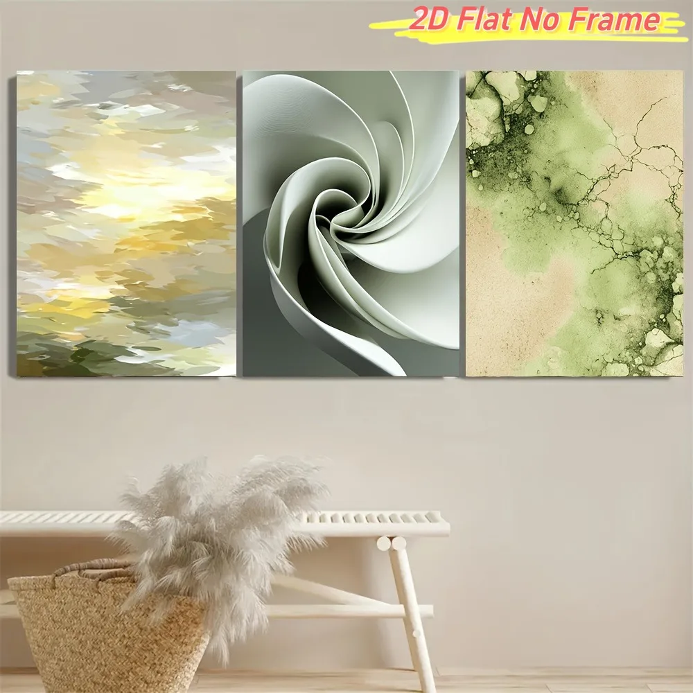 2D Flat, 3pcs Frameless 2D/FLAT Light Green Gradient Art Decorative Canvas Paintings, Modern Style Wall Art Decor, Suitable f