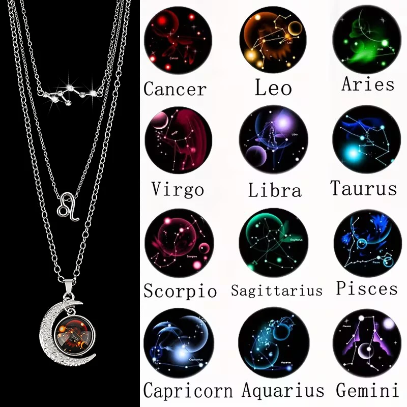 3 unids/set Zodíaco Retro Luna brillo colgante collar conjunto con tarjetas de piedra natal, regalo de cumpleaños para Besties y BFFs