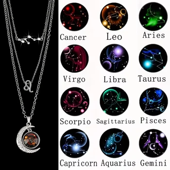 3 Pieces/Set Zodiac Retro Moon Glow Pendant Necklace Set with Birthstone Cards, Birthday…