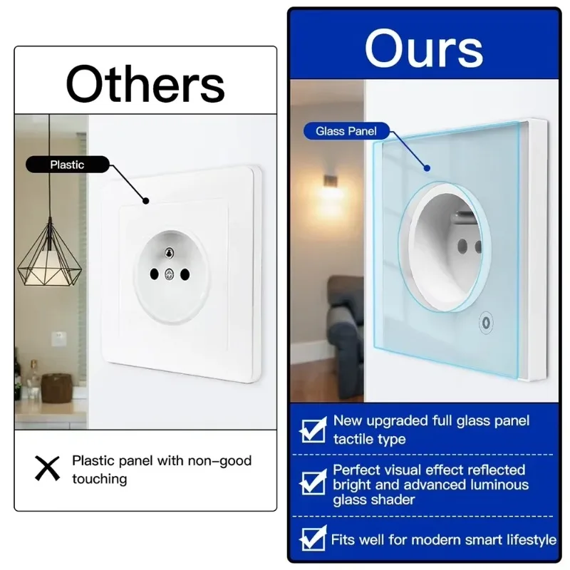 WiFi Tuya Smart 16A Smart Wall Socket Glass Panel Outlet Power Monitor Touch Plug Relay Status Light Mode Adjustable Smart Life