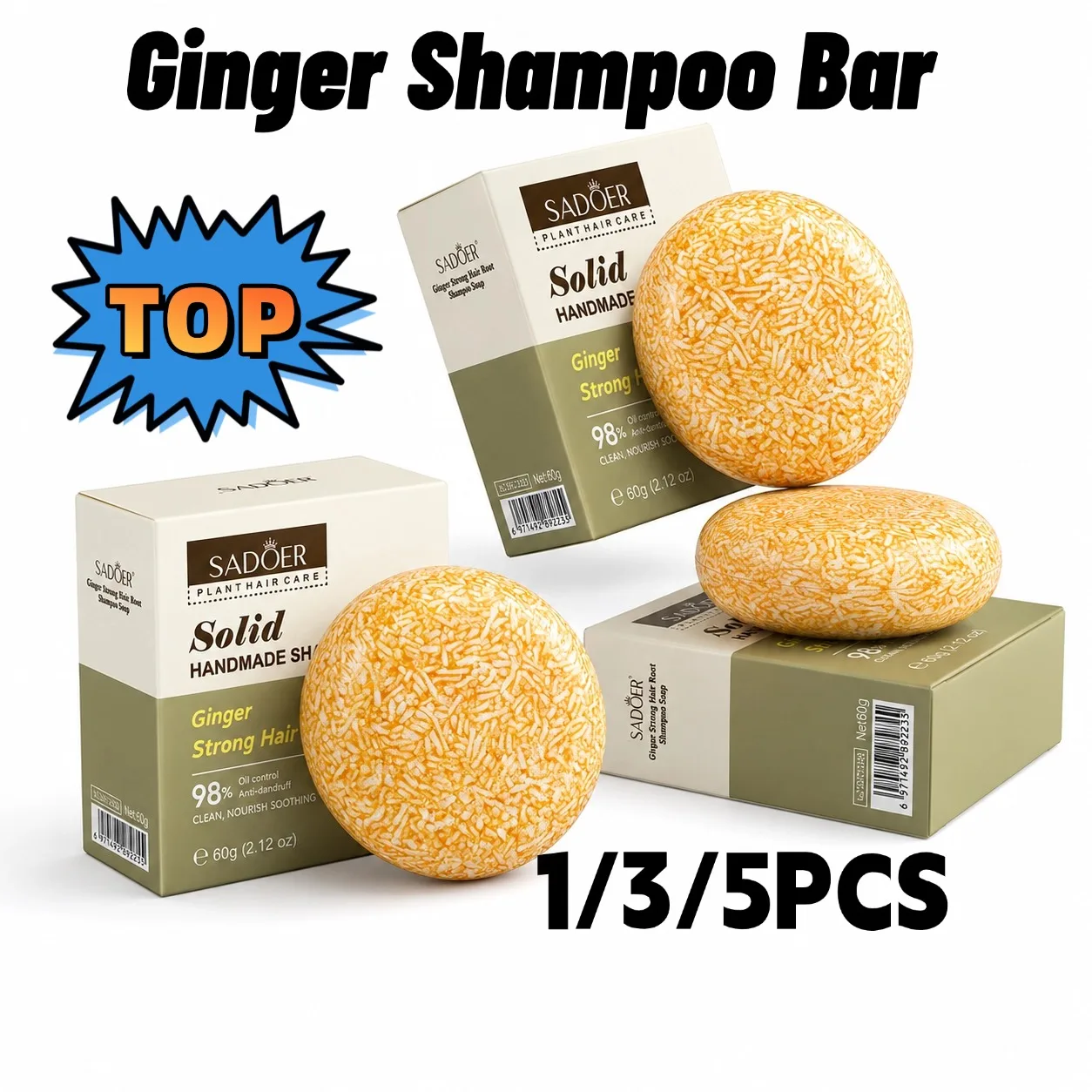 NOVO Shampoo Sólido de Gengibre Antiqueda e Crescimento Capilar, Sabonete Natural Orgânico para Cuidado do Couro Cabeludo, Controle de Oleosidade, Volume e Espessura, 60g