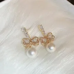 Fashion Trend Crystal Zircon Bowknot Pendant Earrings For Women Party Girl Imitation Pearl Dangle Earrings Luxury Jewelry