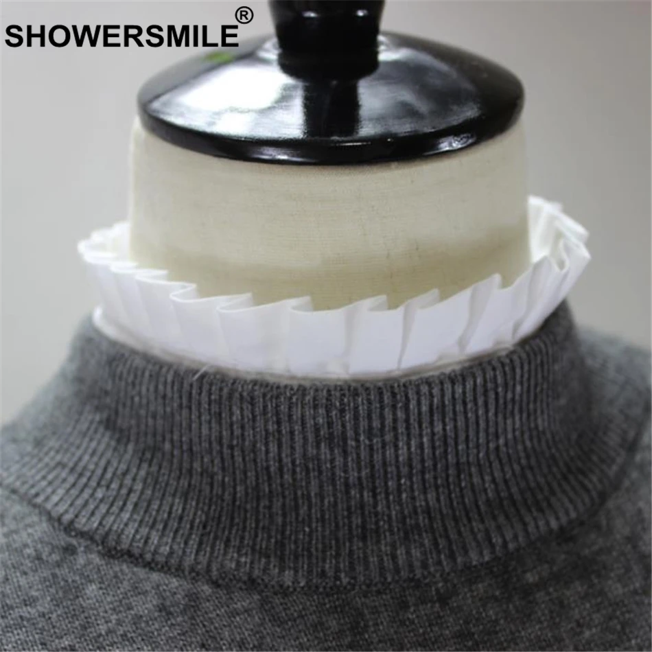 SHOWERSMILE White Pleated Stand Fake Collars Female Sweater Detachable Collars For Girl Autumn Cotton Vintage False Collar Women