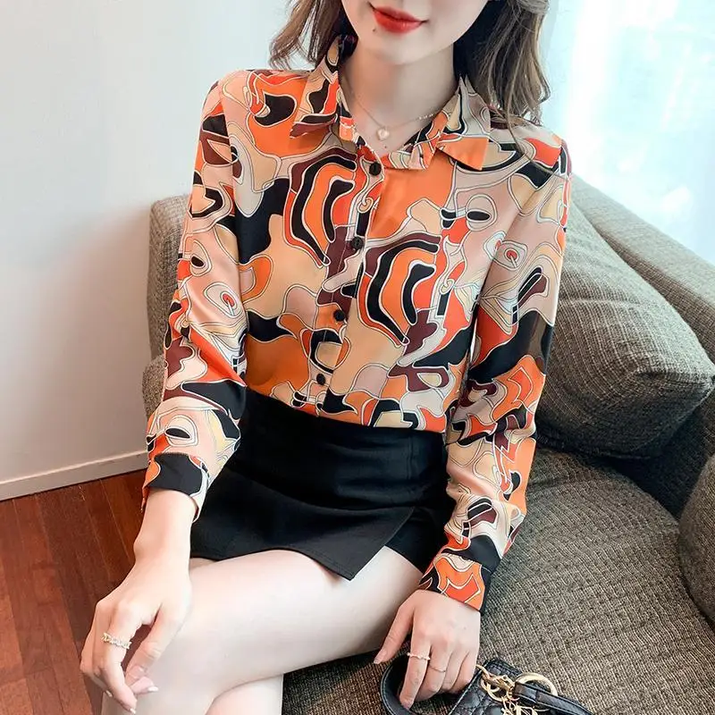 Vintage Printed Lapel Button Floral Shirt Women's Clothing 2022 Autumn New Loose Casual Tops All-match Office Lady Blouse