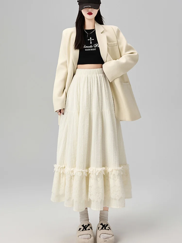 

Юбка-торт из матового кружева в стиле пэчворк с внутренней подкладкой, женская осенне-зимняя юбка-трапеция с нежным темпераментом и высокой талией