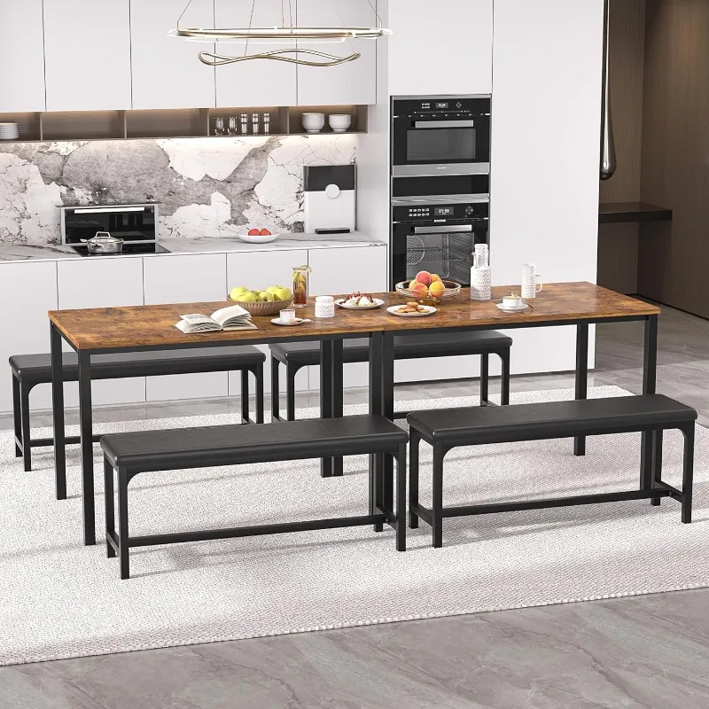 3-Piece 63" Extendable Kitchen Table with Benches/Chairs Modern Breakfast Dinette/Dining Room Set for 4/6/2, Small Space Saving