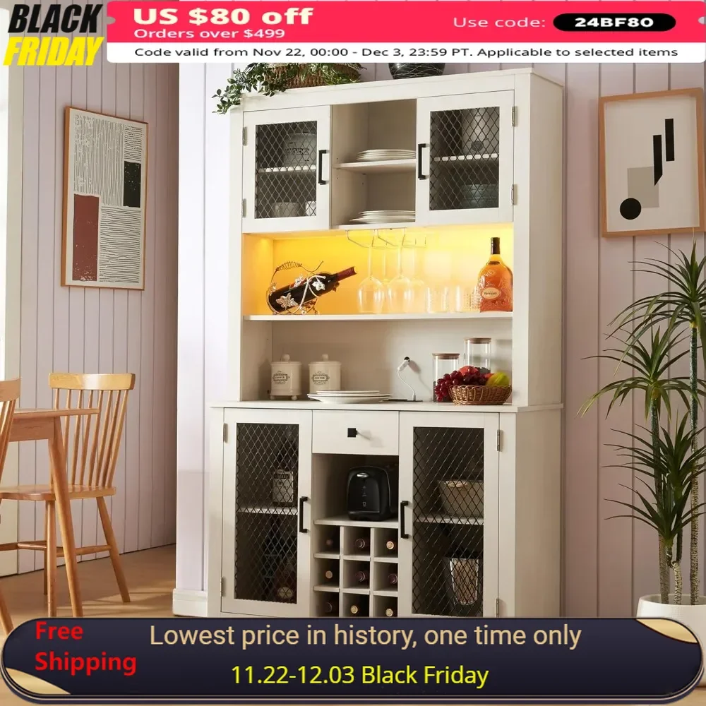 Cabinet, 70-Inch Kitchen Storage Cabinet, LED Buffet Cabinets with Drawers, Wine Rack and Shelves, Kitchen Sideboard