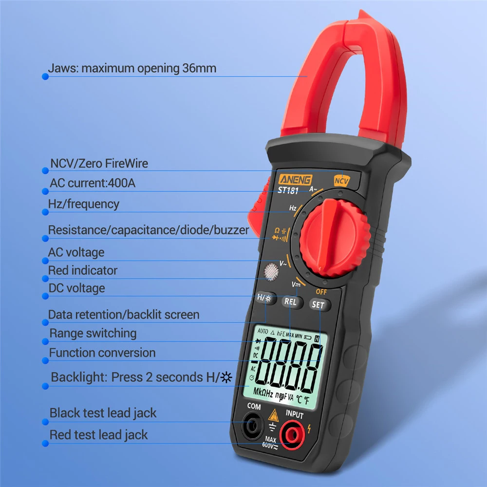 DC/AC Current 4000 Counts Multimeter ST181 Ammeter Voltage Tester Car Amp Hz Capacitance NCV Ohm Test Digital Clamp Meter