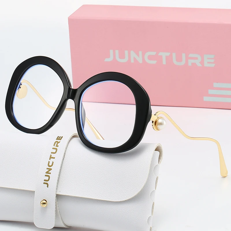 LINFEMAND Oversized Round Pearl Decoration Anti Blue Light Glasses for Women's Office Reading, Daily Dressing, Holiday Gifts