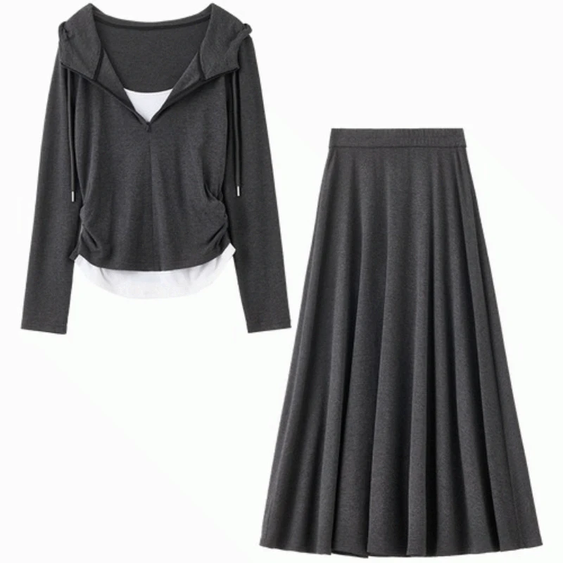 أطقم تنورة نسائية غير رسمية من SENTUBILA لخريف 2025 مكونة من قطعتين تي شيرت بأكمام طويلة برباط تنانير مرنة على شكل حرف a 153ZF2837