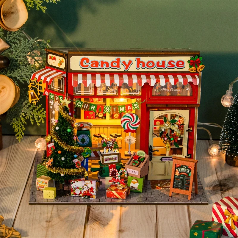 

OUZEY Wooden Miniature DIY Candy House Cottage Dollhouse with Furniture Casa for Friends Birthday Gifts Building Kit
