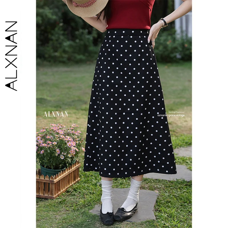 

ALXNAN Черная юбка в горошек Женские длинные юбки трапециевидной формы с высокой талией Элегантная повседневная юбка с эластичной резинкой на талии и разрезом сзади L551170