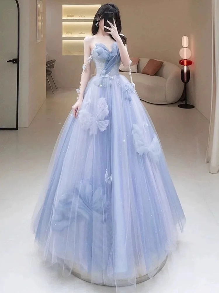 Blue evening dress female banquet temperament niche high-end high-end host dress