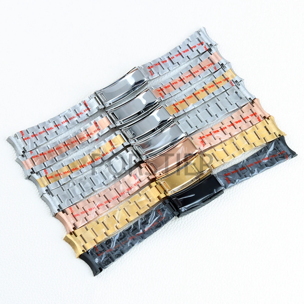 20mm Width Watchband Black/Rose Gold/Gold/Silver Strap Solid 316L Stainless Steel Oyster Bracelet Folding Buckle Solid Link