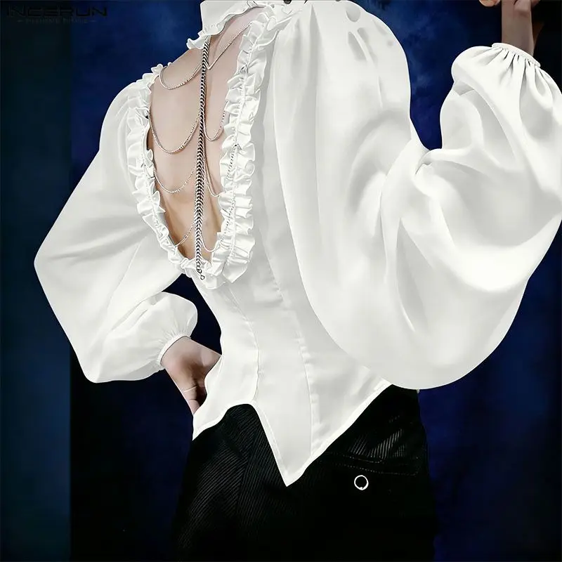 INCERUN Men Irregular Shirt Solid Ruffle Lapel Long Sleeve Men Clothing Backless Hollow Out Sexy Fashion Crop Tops Streetwear