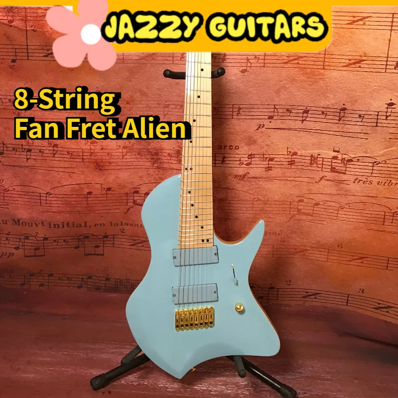 Light Blue Fan Fret 8 String Extended Range Electric Guitar Dual Active Pickups, Heavy Djent Band Live 2018