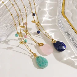 V. Stainless Steel Natural Stone Water Droplet Pendant Retro Style Necklace Women Aesthetic Jewelry 