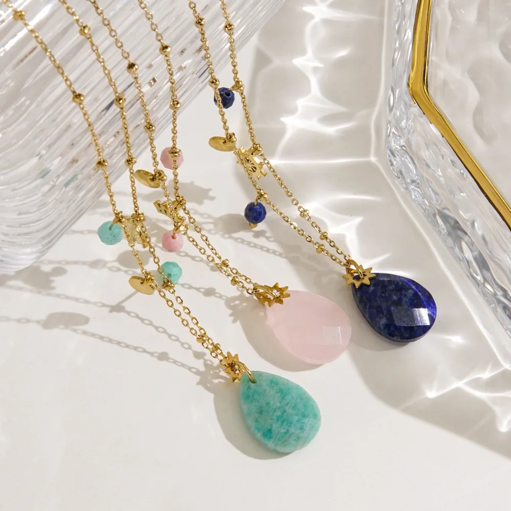 V. Stainless Steel Natural Stone Water Droplet Pendant Retro Style Necklace Women Aesthetic Jewelry ﻿