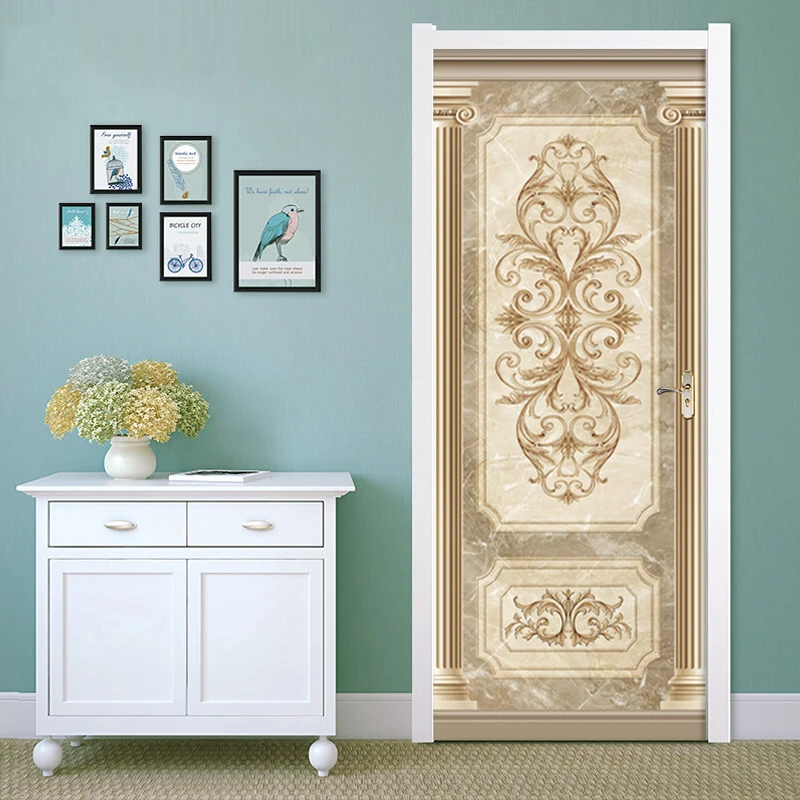 PVC Self-Adhesive Waterproof Door Sticker 3D Stereo European Style Golden Flower Wallpaper Living Room Bedroom Door Decor Decal