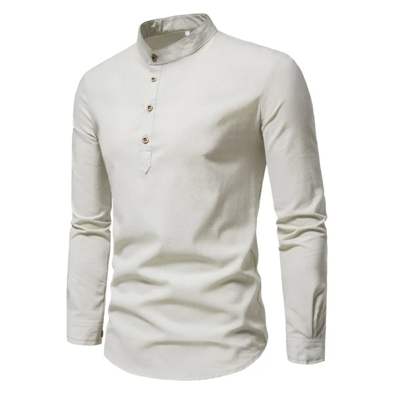 Camisas masculinas de cor sólida de algodão puro primavera e outono, camisas elegantes de manga comprida com gola alta, camisas masculinas justas