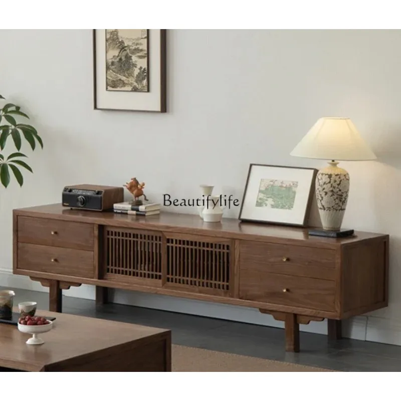 

FG11New Chinese Style Solid Wood TV Cabinet High Black Walnut Simple Living Room Home