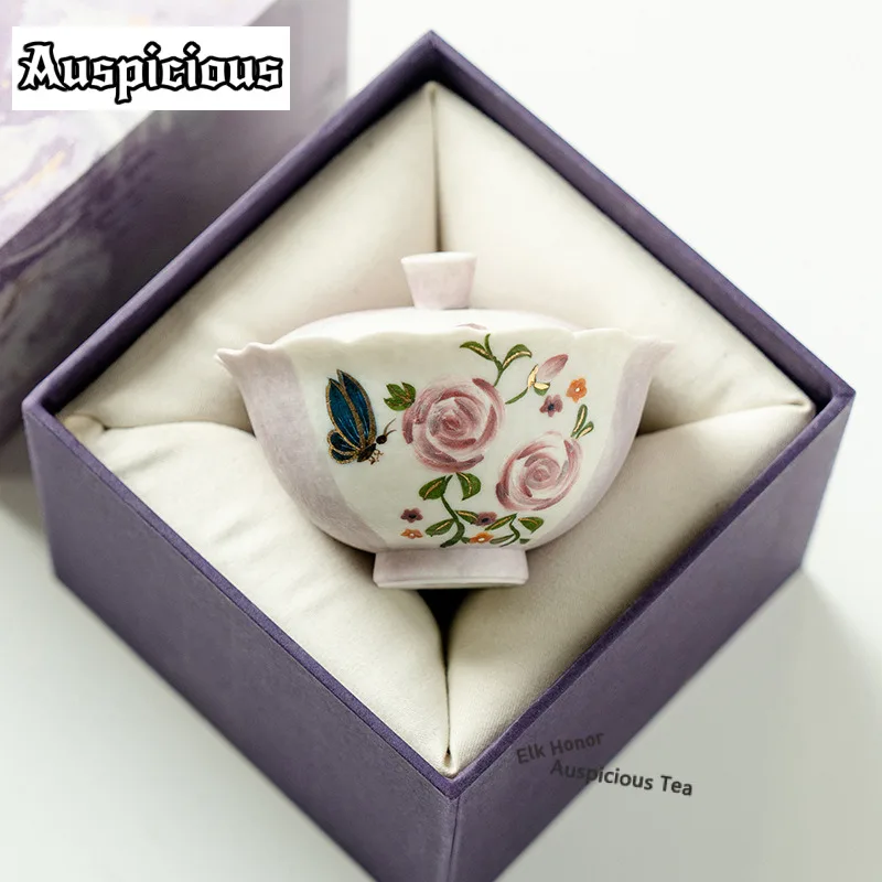 

70ml Pure Hand-painted Butterfly Rose Gaiwan Elegant Tea Tureen Tea Bowl With Lid Kit Tea Maker Cover Bowl Tableware Craft Gift