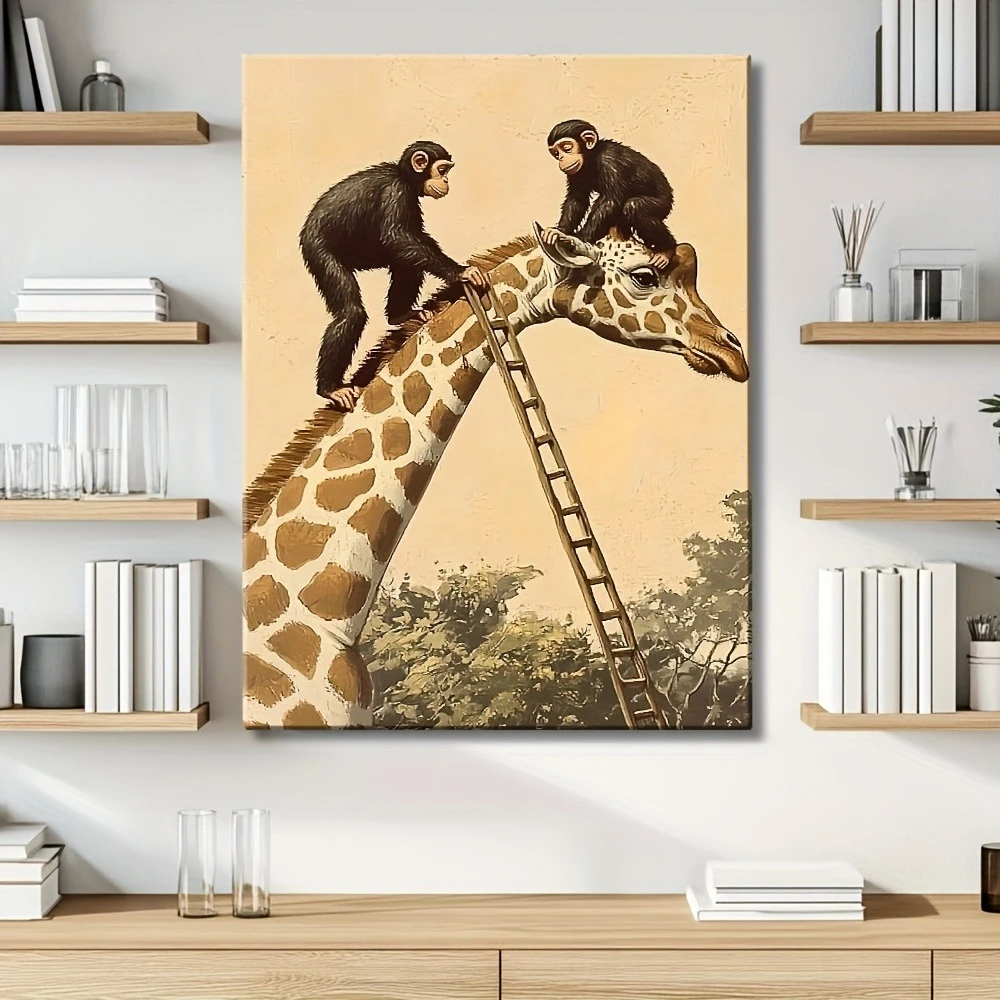Frameless canvas paintings,Monkey Giraffe Ladder Climbingt Poster Prints Vintage Abstract Animal Art Canvas Painting Wall Art Pi