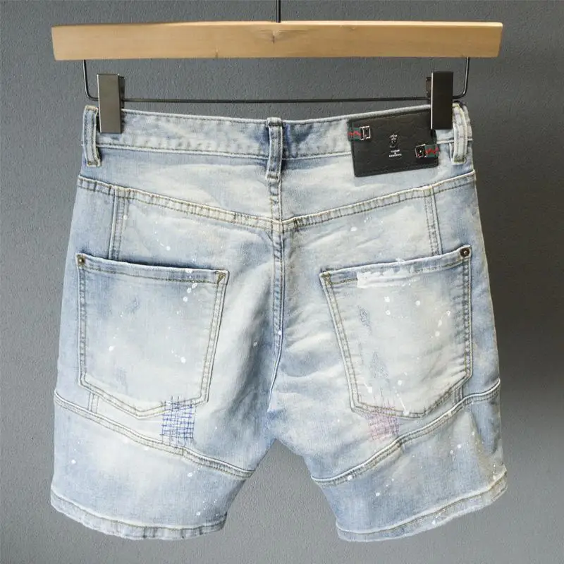 Short jeans casual masculino, comprimento do joelho, rota angustiada, costura remendada, streetwear de luxo, jeans curto lavado, marca de verão