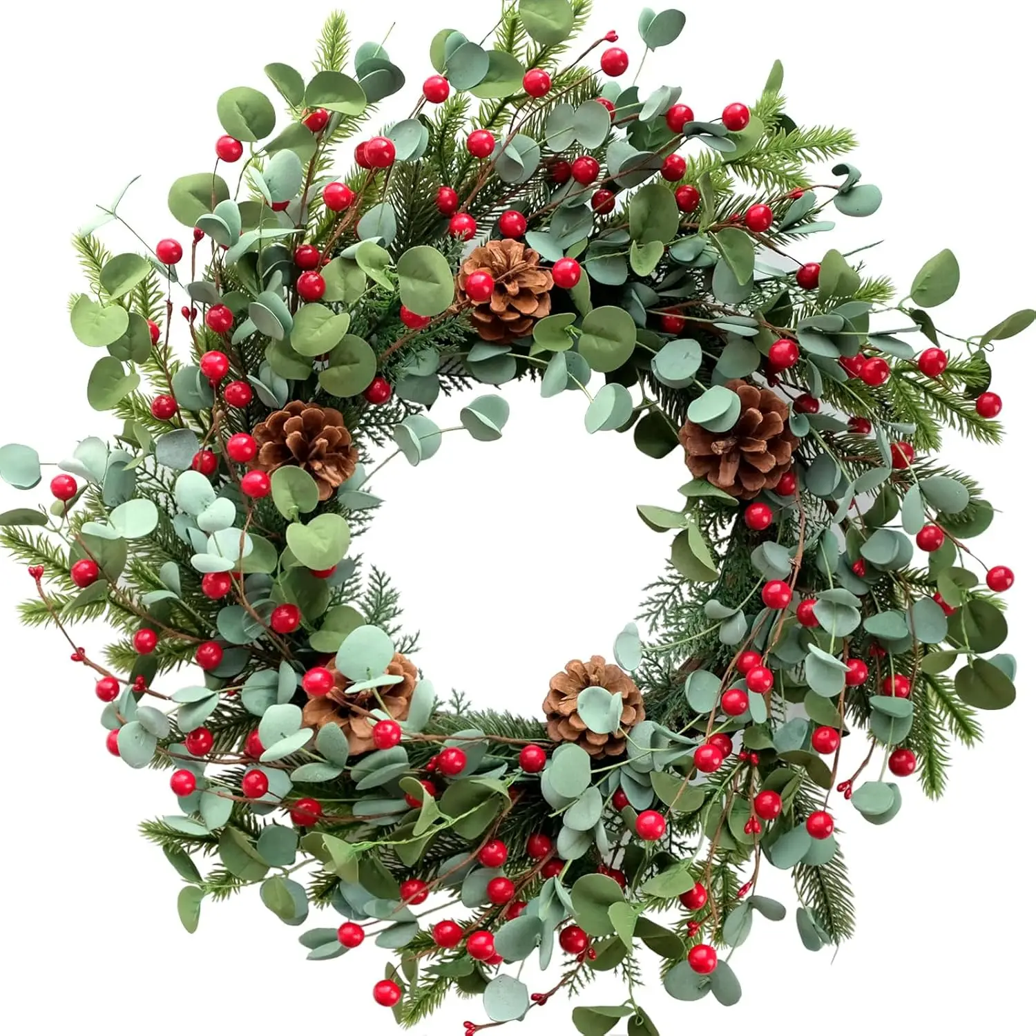

20" Christmas Wreath – Pine Cones, Red Berries & Eucalyptus for Front Door, Indoor/Outdoor Winter Decor