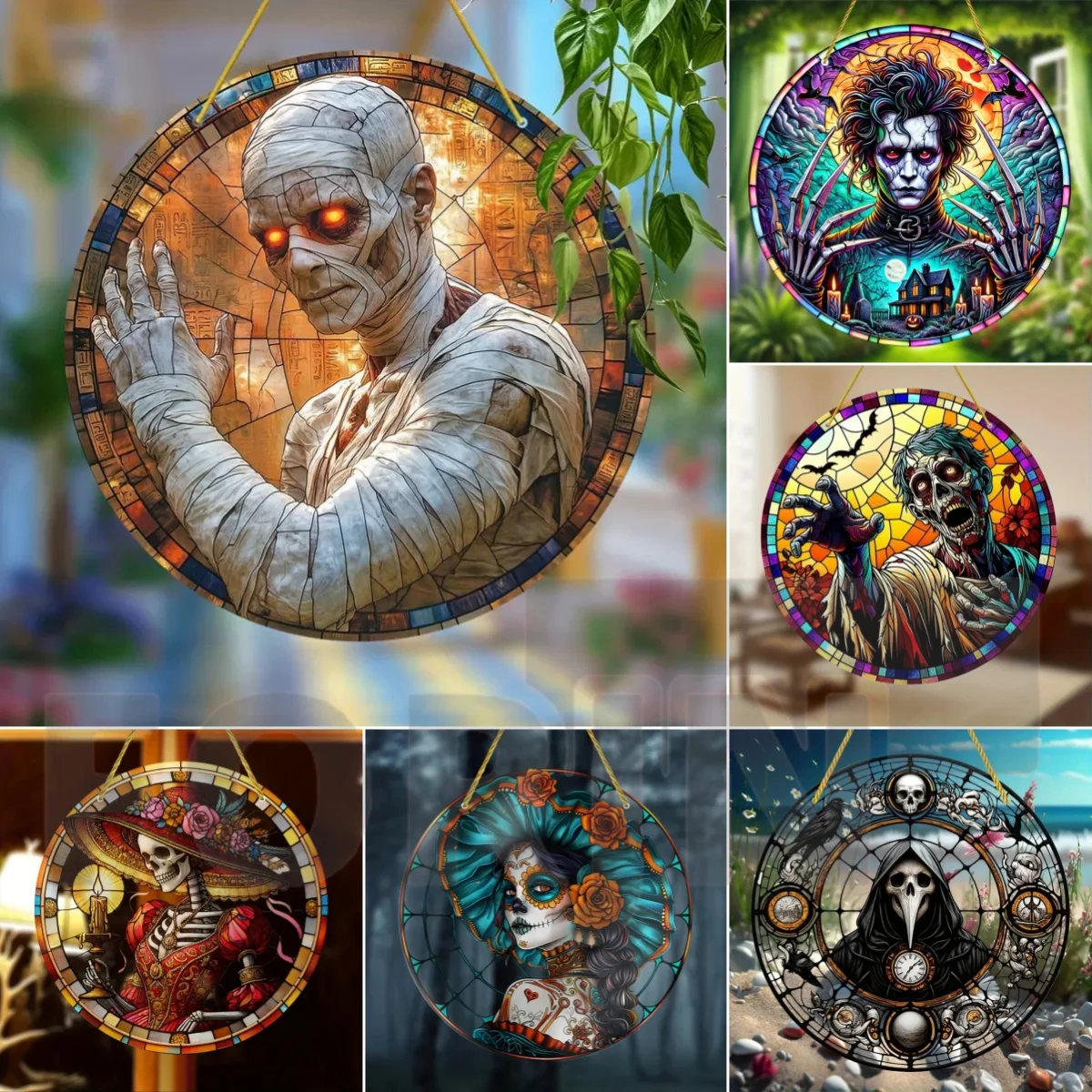 Skull Ghost Bride Zombies Horror Theme Sun Catcher,Round Acrylic Translucent Hanging,Halloween Decor for House,bar,room Garden