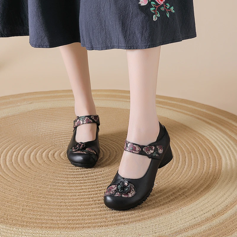 

New mary jane pumps shoes for women summer med heels non slip woman vintage flower pumps elderly ladies genuine leather shoes