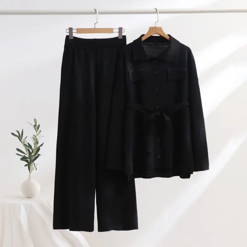 New Pants Suit Fashion Simple Comfortable Solid Color Loose cardigan Tops High Waist Wide Leg Pants Women Two-piece Sets Elegant