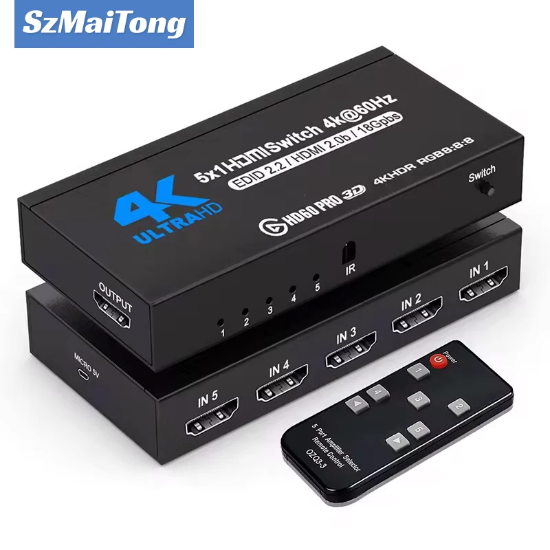 Przełącznik 4K HDMI 2.0 Selector 4K 60Hz HD Switch HDMI Splitter 5 In 1 Out 4 In 1 Out do laptopa PC Switch TV Box PS5