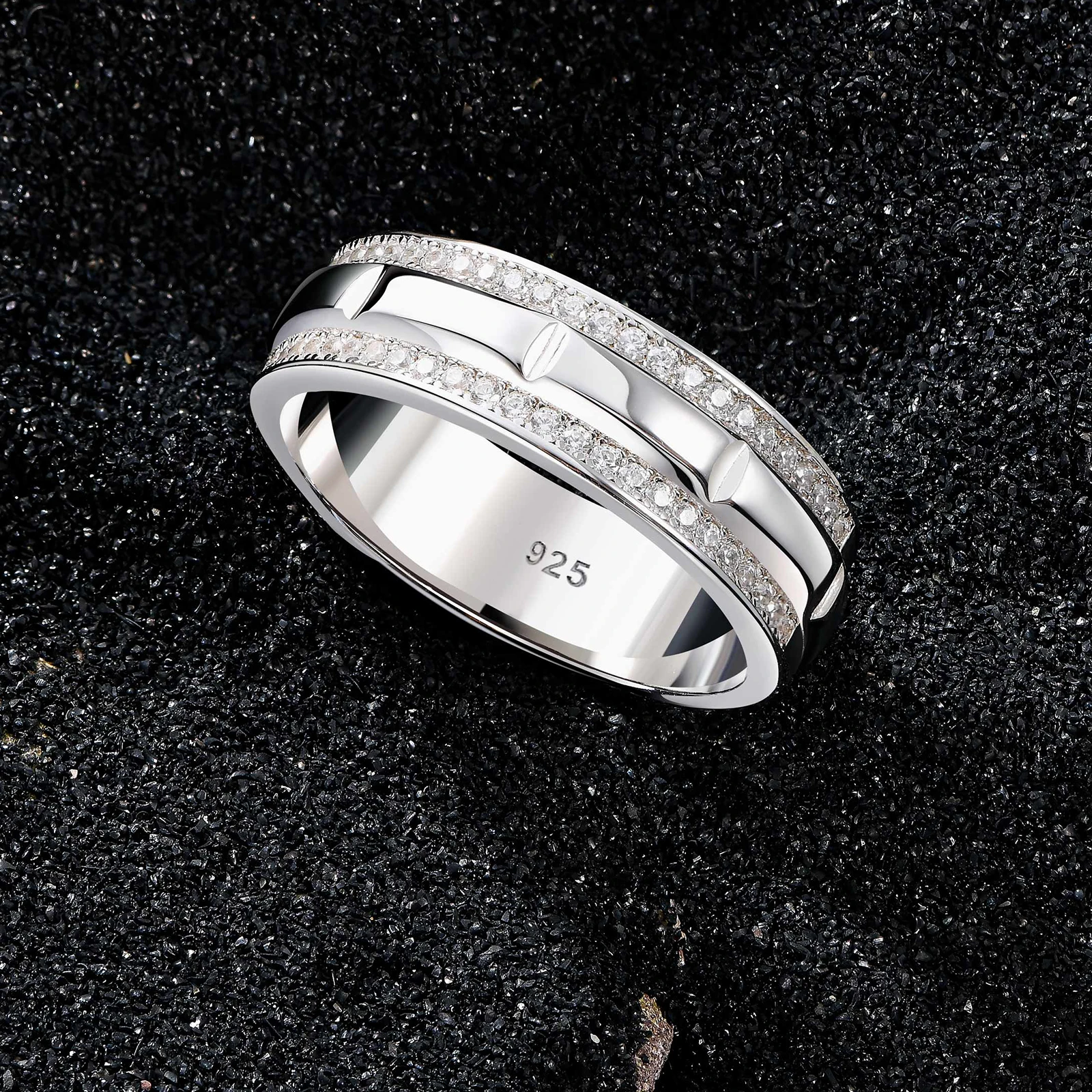 Newshe Solid 925 Sterling Silver Wedding Rings for Men Half Eternity Male Ring Brilliant Round White Cubic Zircons Fine Jewelry 