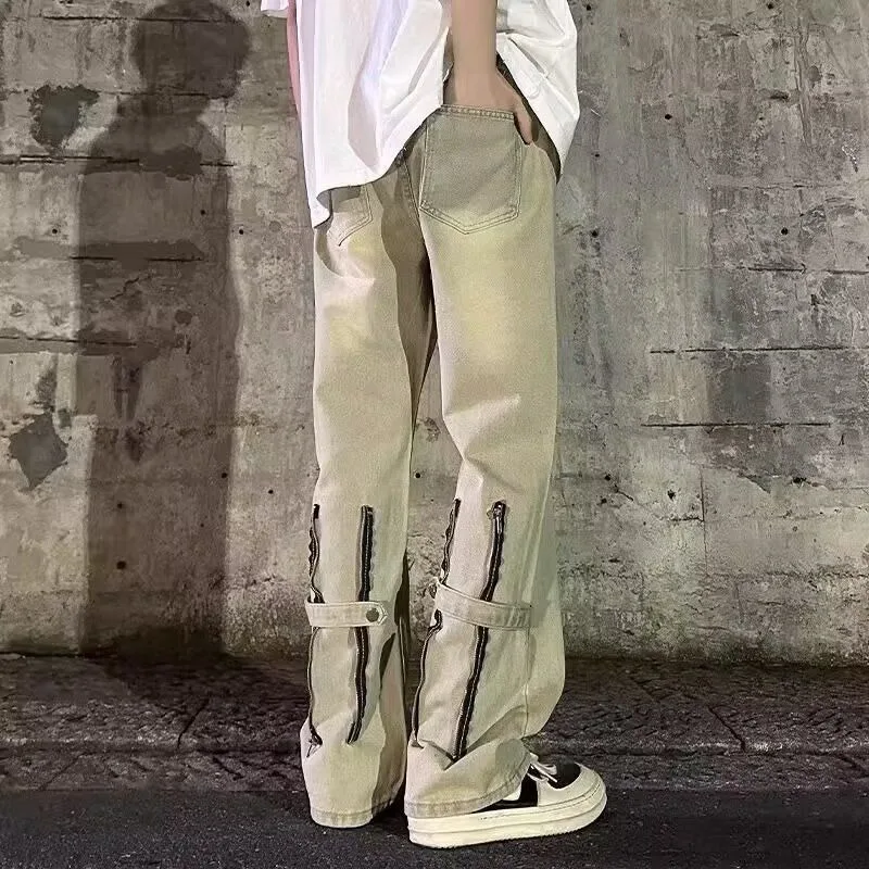 Mens Jeans Harajuku Autumn Yellow Mud Denim Pants American High Street Vintage Washed Zipper Straight Casual Trousers Streetwear